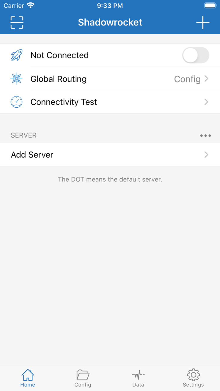 Shadowrocket Home 공식 스크린샷. Not Connected, Global Routing, Connectivity Test, SERVER 및 Add Server 표시