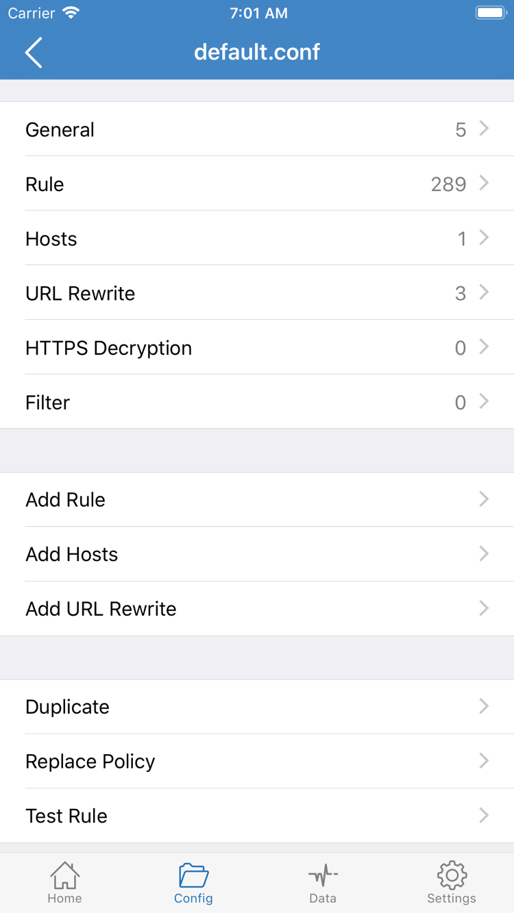 Shadowrocket 的 Config 配置编辑页面，显示 General、Rule、Hosts、URL Rewrite、HTTPS Decryption 分段和 Add Rule