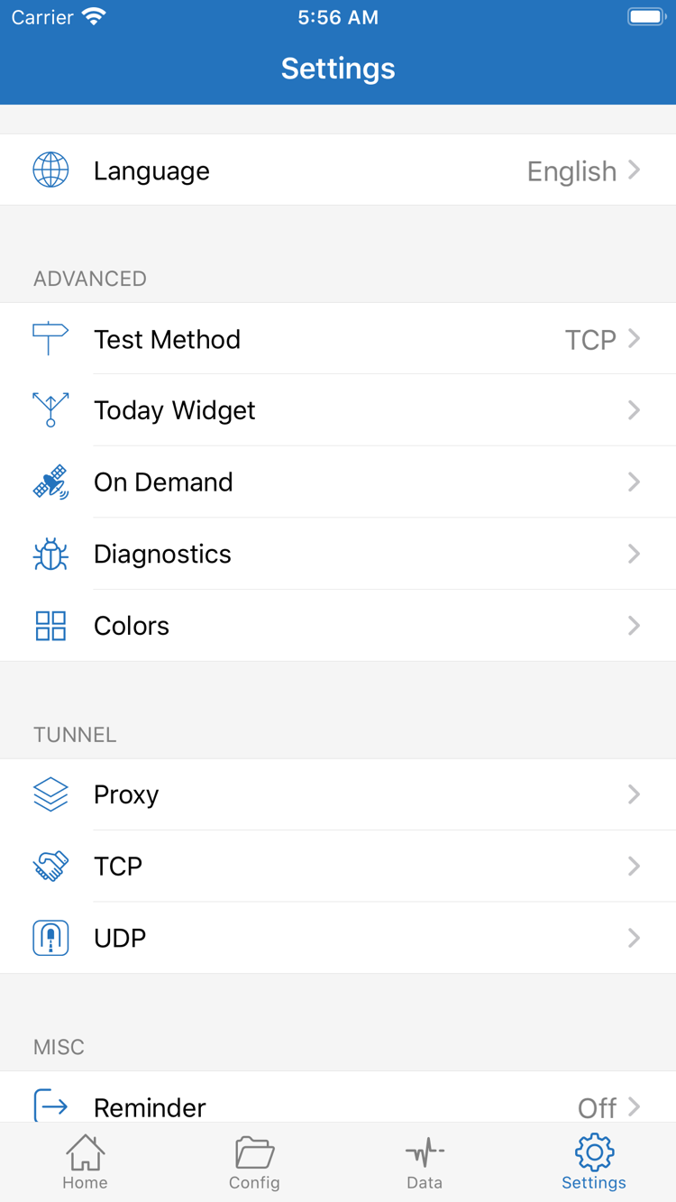 Shadowrocket 的 Settings 页面，显示 Language、Test Method、Today Widget、On Demand、Diagnostics、Proxy、TCP 和 UDP 设置入口