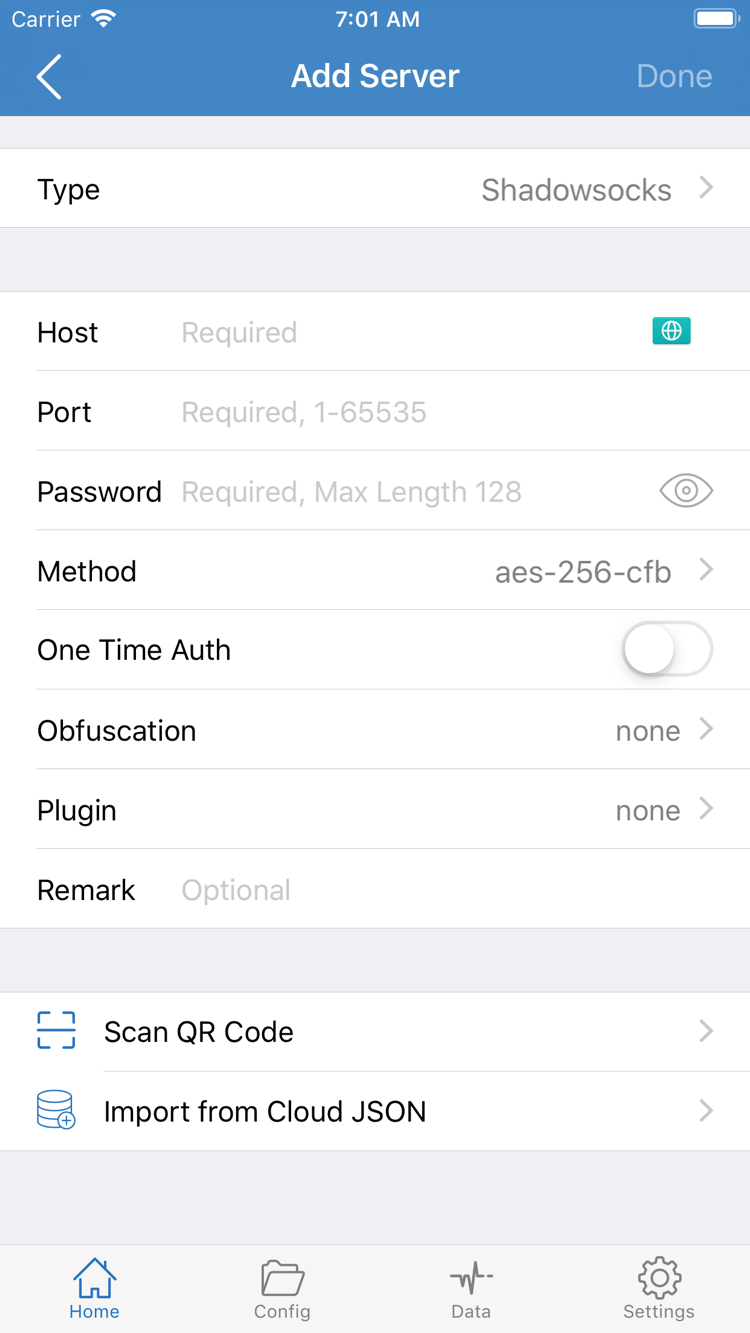 Shadowrocket Add Server 공식 스크린샷. Type, Host, Port, Password, Method, Scan QR Code 및 Import from Cloud JSON 표시